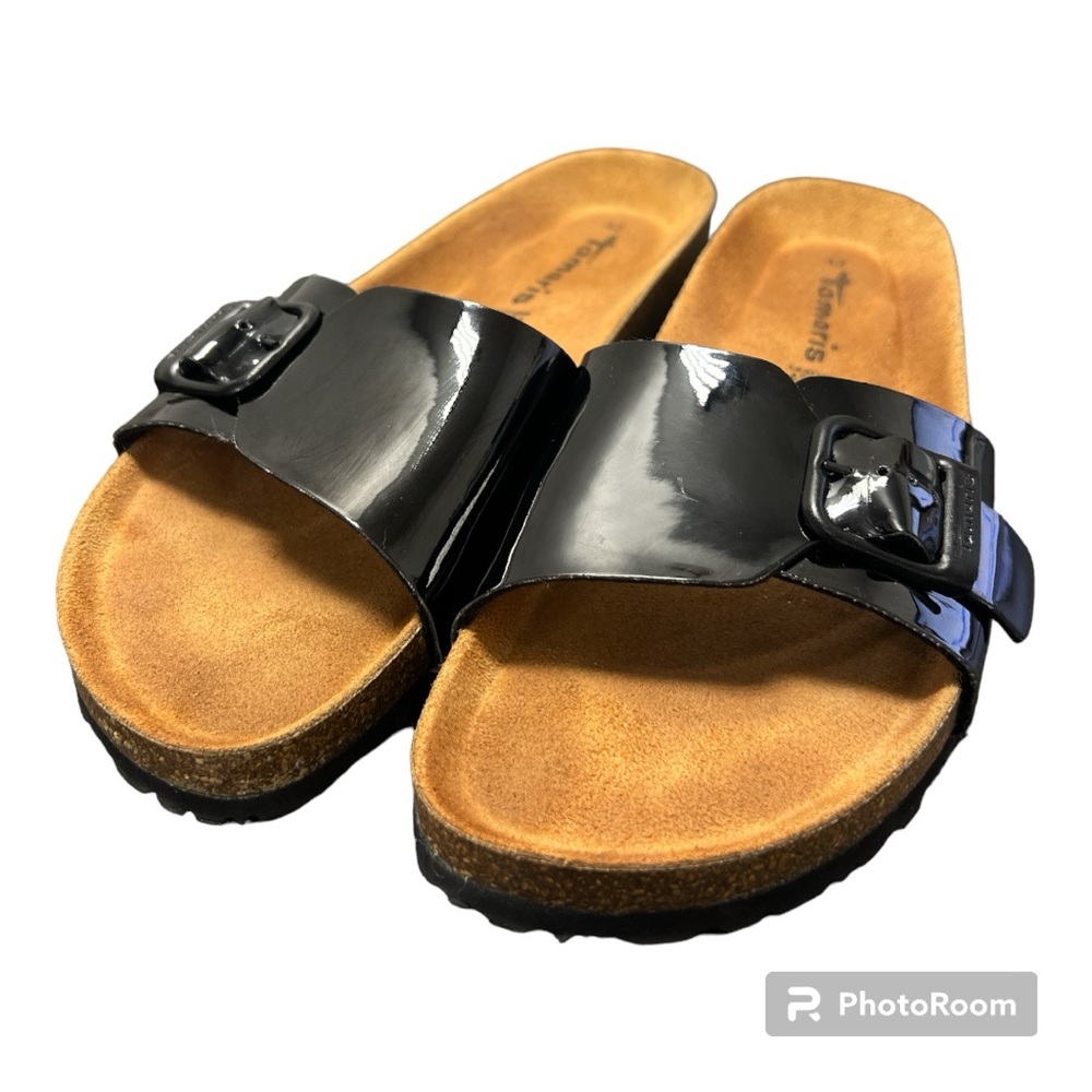Tamaris Black Patent Women's Slip-On Sandals Size: 42 EU